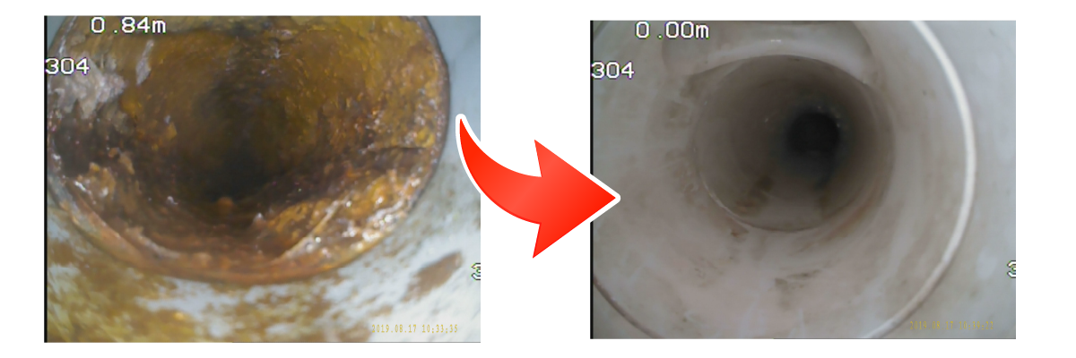 (長崎)排水管高圧洗浄でのビフォーアフター。